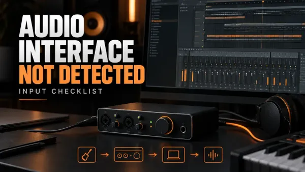 FL Studio audio interface troubleshooting cover with a connected interface and Mixer input path