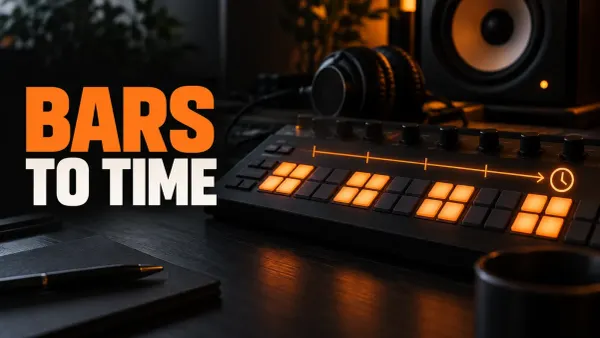 Orange beat lights on a music controller beside a timeline and clock for FL Studio bars-to-time planning