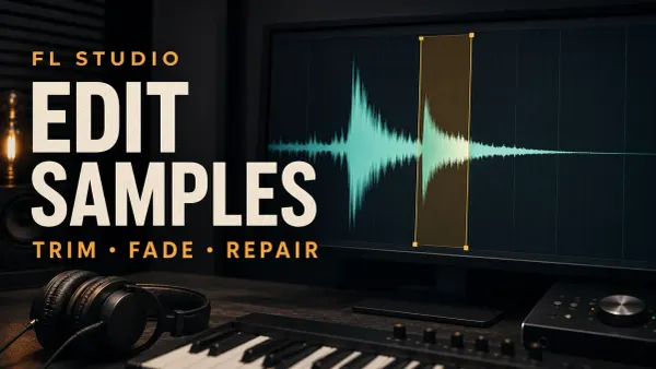 FL Studio sample editing with a selected waveform region for trimming, fading and repair