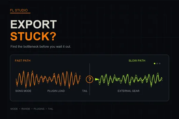 FL Studio export paths with mode, plugin load, tail and external gear checkpoints that can slow or stall rendering