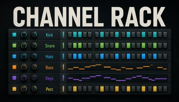 CHANNEL RACK lettering above color-coded drum steps and Bass and Keys note previews