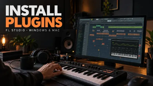 MIDI keyboard and synthesizer in FL Studio on a studio monitor, ready for a first plugin test