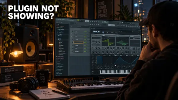 Producer checking a missing instrument beside an open synthesizer in an FL Studio-style workspace