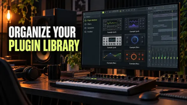 Curated FL Studio plugin library on a studio monitor beside a MIDI keyboard