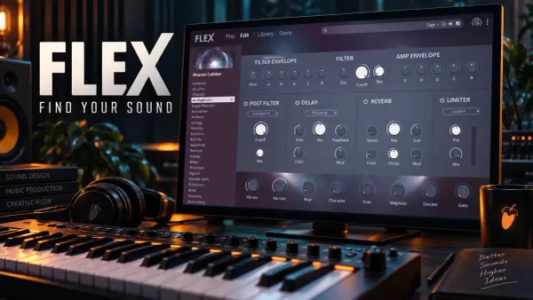 FLEX Edit controls on a studio monitor above a MIDI keyboard