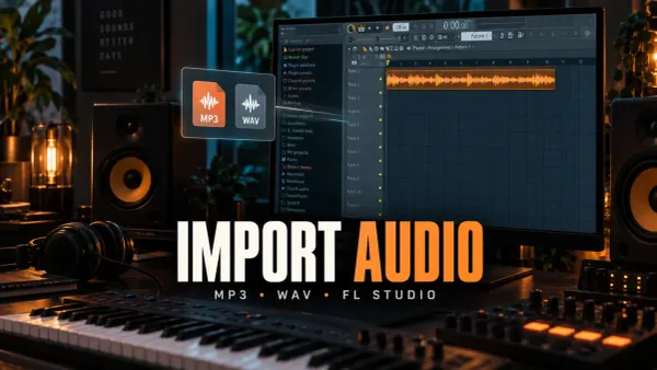 FL Studio Playlist with imported audio waveform and MP3 and WAV file formats