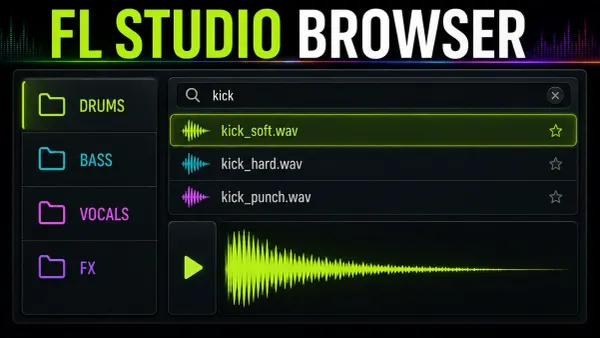 FL Studio Browser sample search with kick files and a waveform preview