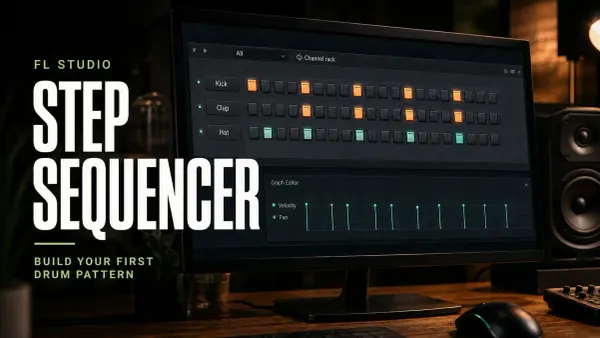 FL Studio-style Channel Rack with kick, clap and hat steps beside a Graph Editor