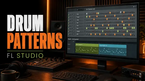 FL Studio-style drum workspace with Channel Rack rhythms and adjacent A and B Pattern Clips