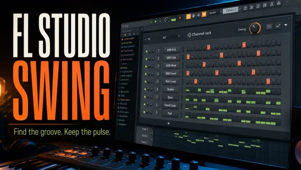 FL Studio-style Channel Rack with the Swing control above a drum sequence in a production workspace