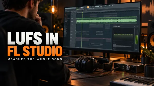 FL Studio arrangement and loudness meter on a studio monitor beside headphones and an audio interface