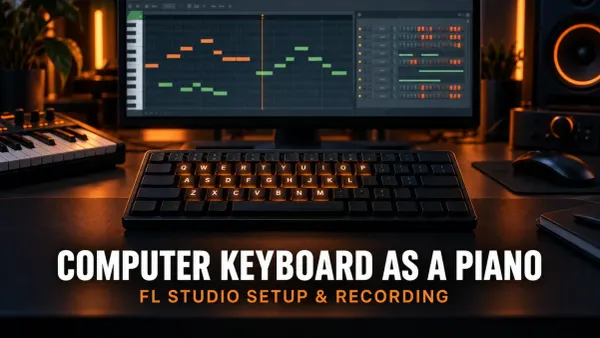 Computer keyboard set up as a piano controller with FL Studio Piano Roll and Channel Rack