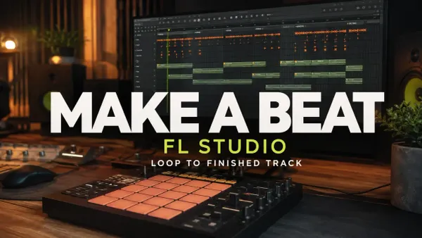 Beat controller beside an FL Studio-style Playlist arranged into song sections