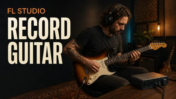 Guitarist wearing headphones beside an audio interface for an FL Studio recording session