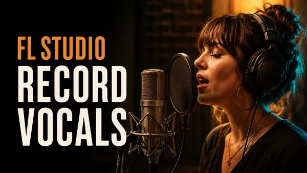 Vocalist wearing headphones at a microphone and pop filter for an FL Studio recording session