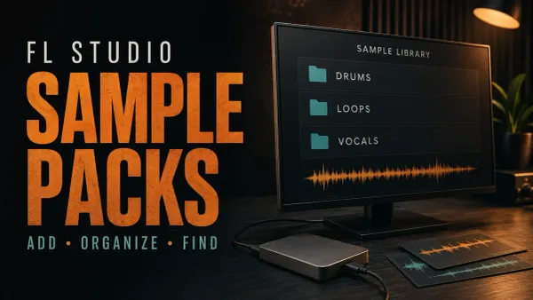 FL Studio sample-pack library with drum, loop and vocal folders beside an external SSD