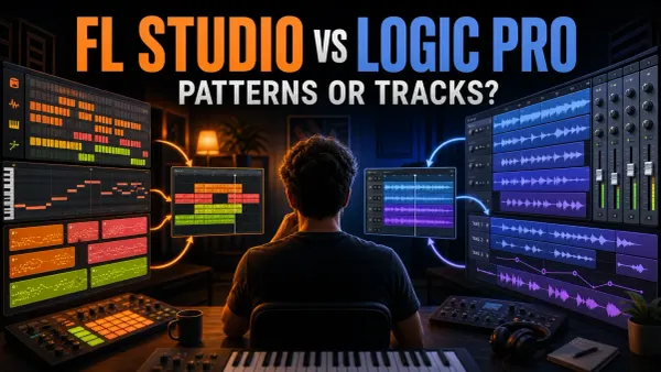 FL Studio patterns and Logic Pro recording tracks in a studio comparison