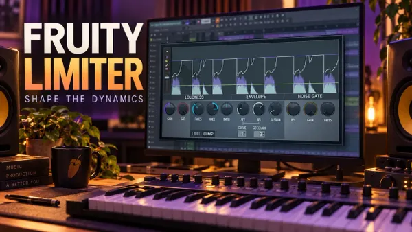 Fruity Limiter on a studio display beside a keyboard controller in warm amber and purple light