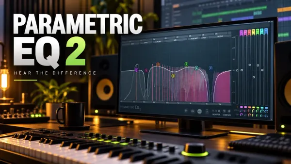 Fruity Parametric EQ 2 on a studio monitor beside a keyboard controller