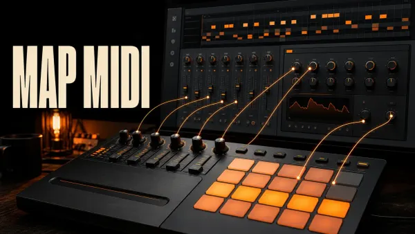 MIDI knobs, faders and orange pads connected to software controls in a dark studio setup
