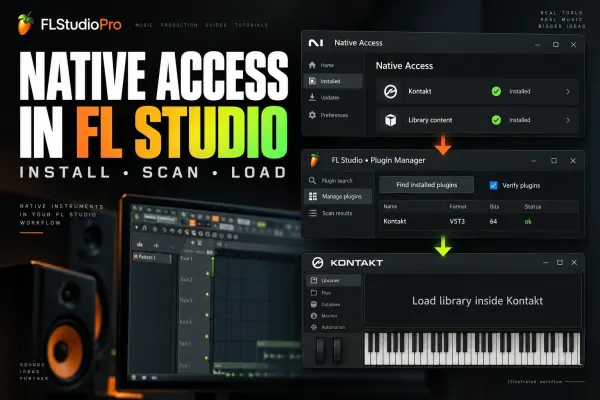 Native Access installation leading to a verified Kontakt scan and library loading in FL Studio