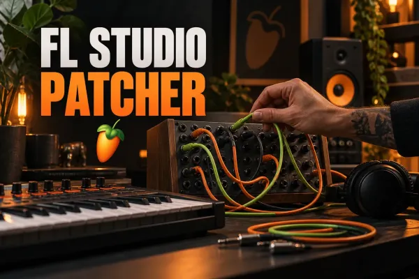 FL Studio Patcher title above a studio patch panel with orange and green cables