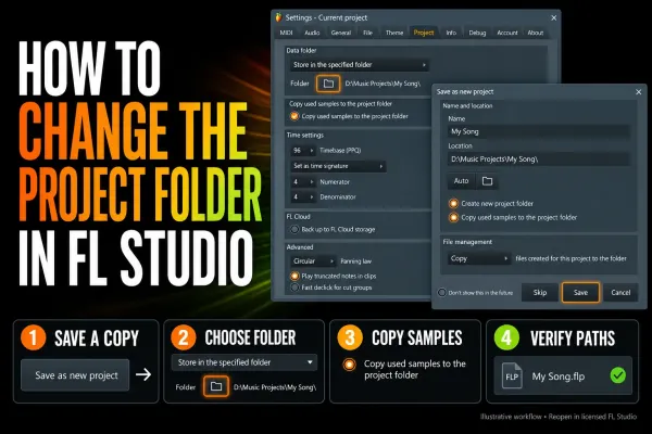 FL Studio project-folder settings and a copy-first migration workflow