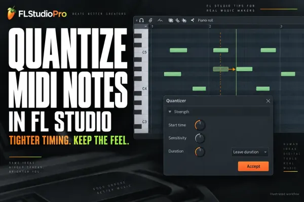 Piano Roll note timing correction with the FL Studio Quantizer set to Leave duration