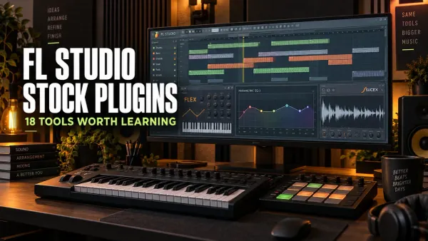 FL Studio stock instruments, EQ and sample-editing tools above a keyboard and drum pads