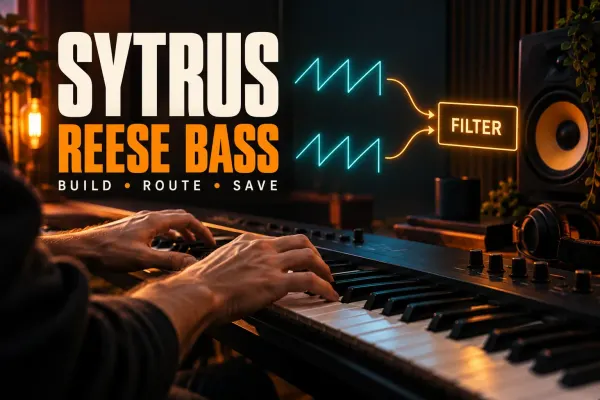 Sytrus Reese bass title beside two saw-wave symbols feeding a filter above a studio keyboard