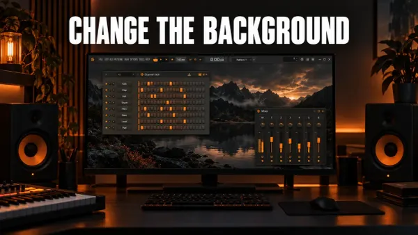 FL Studio on a wide monitor in a dark music studio, with a mountain lake landscape as the wallpaper behind a floating Channel rack and Mixer in a warm orange theme