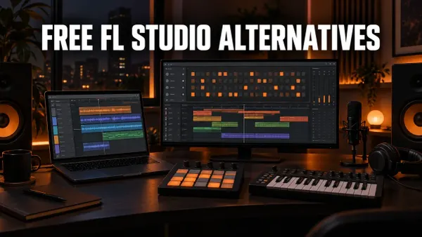 Dark home studio with a laptop and a monitor showing music apps, a step grid and audio tracks, a pad controller, MIDI keyboard and microphone, under the headline Free FL Studio Alternatives