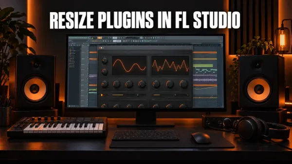 FL Studio Playlist on a monitor in a dark home studio, with a large synth plugin window whose bottom knobs run past the edge of the screen, under the headline Resize Plugins in FL Studio