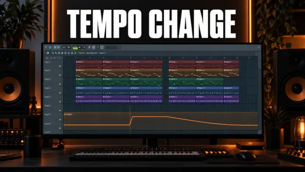 FL Studio Playlist with a Tempo automation clip that steps up and ramps down, on a monitor in a dark music studio