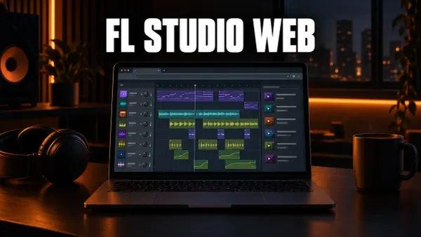 Laptop on a desk in a dark home studio with a browser tab open on a music app showing eight tracks of colored clips and a lesson list, beside headphones, a speaker and a mug
