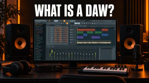 FL Studio on a monitor in a dark home studio showing the Browser, Channel rack, Playlist and Mixer, with studio monitors, headphones, an audio interface, a MIDI keyboard and a microphone