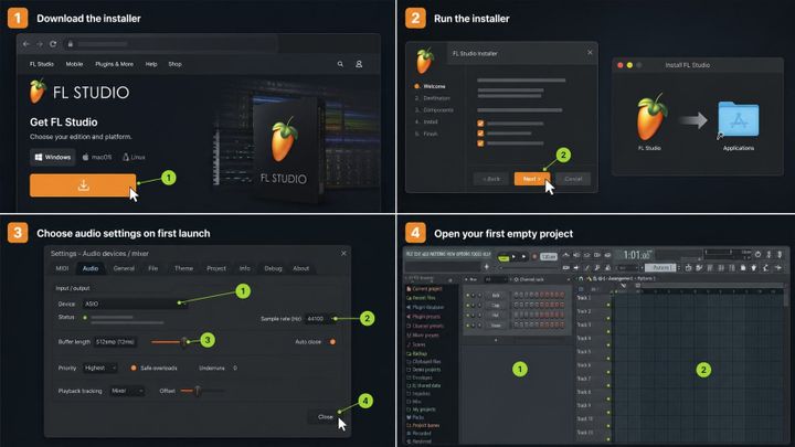FL Studio installation tutorial visual showing download, installer, audio settings, and first project