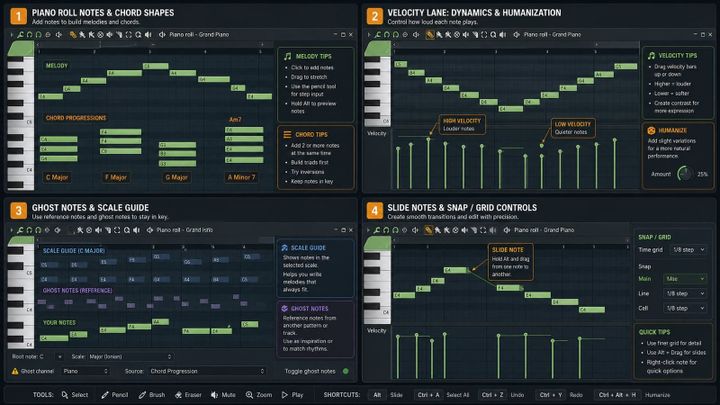 FL Studio Piano Roll Tutorial: Chords, Melodies, Velocity tutorial visualization