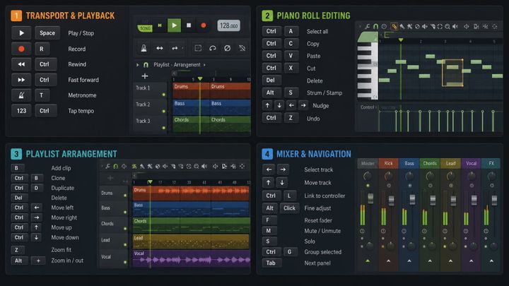 FL Studio keyboard shortcuts tutorial visual for transport Piano Roll Playlist and Mixer