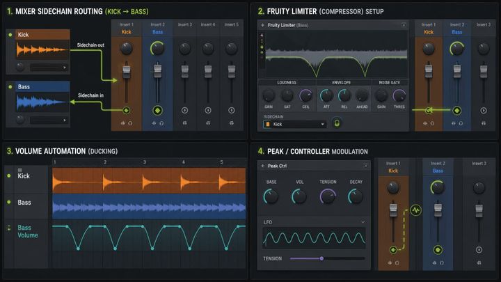 FL Studio sidechain tutorial visual showing mixer routing limiter ducking automation and modulation
