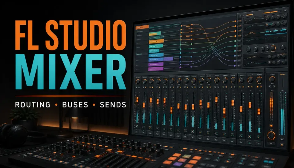 FL Studio Mixer cover with routing lines, faders, effect slots and Master meters
