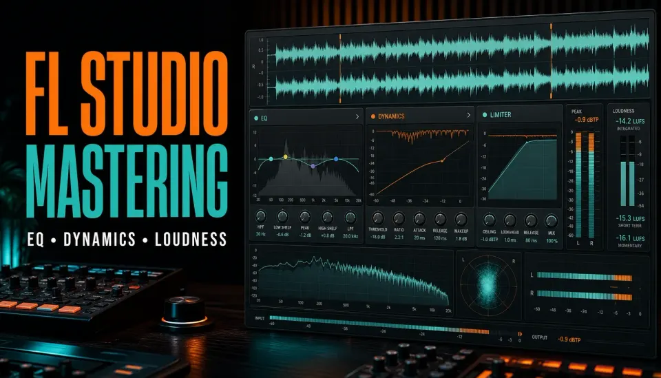 FL Studio mastering cover with EQ dynamics limiter peak and loudness meters