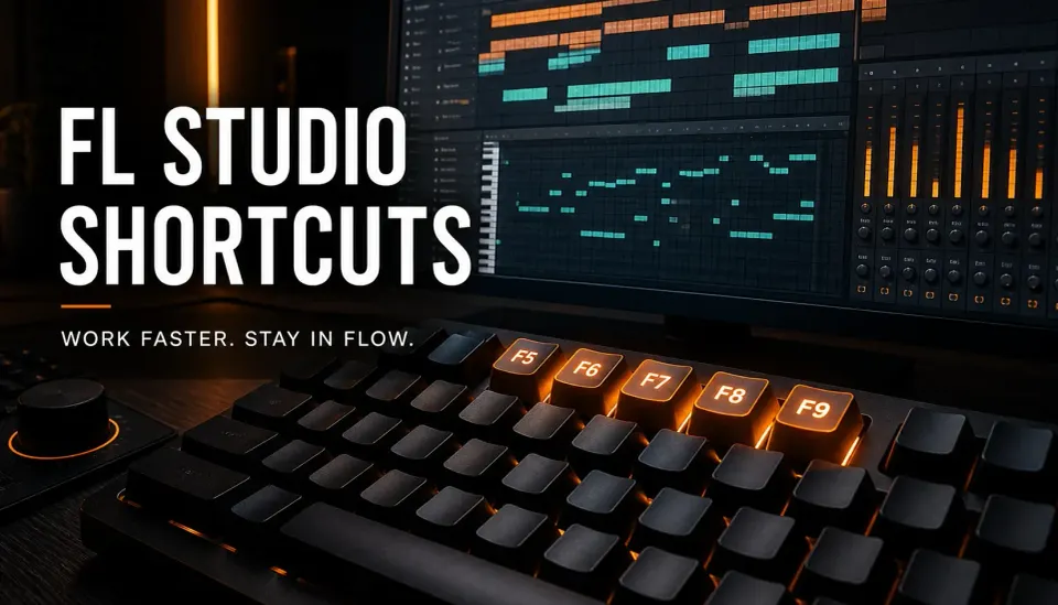 FL Studio shortcuts cover with an illuminated keyboard and DAW workspace