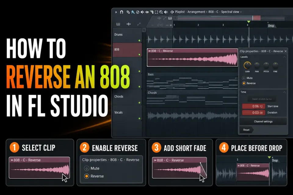 Reverse an 808 Audio Clip in FL Studio and place the swell before a drop