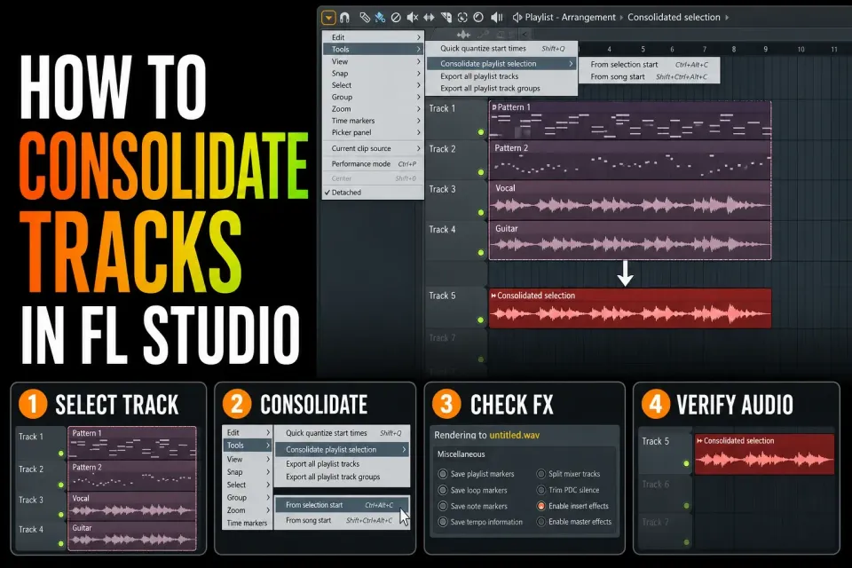 Consolidate FL Studio Playlist clips into one audio track with Insert FX on and Master FX off