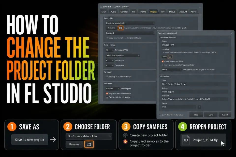 Change an FL Studio project folder through Project Settings and a four-step move workflow
