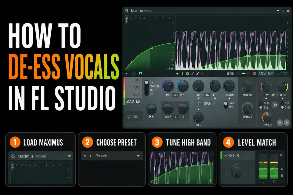 Vocal microphone beside an FL Studio-style mixer and dynamic high-frequency processor
