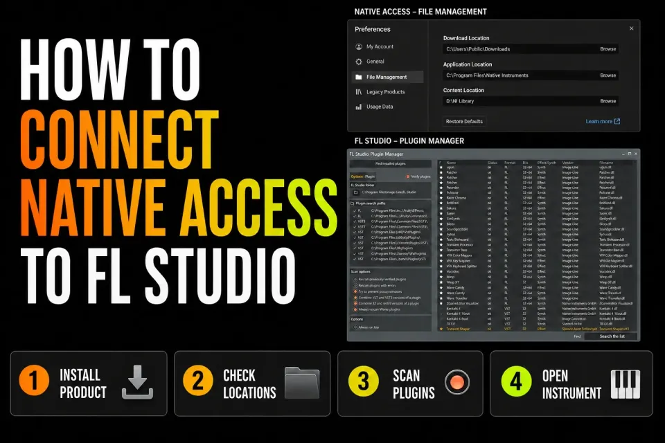 Native Access-style instrument library beside FL Studio Plugin Manager finding a sampler plug-in