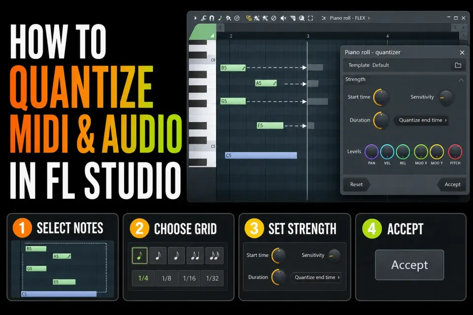 FL Studio Piano Roll notes moving partway toward a beat grid while retaining human timing