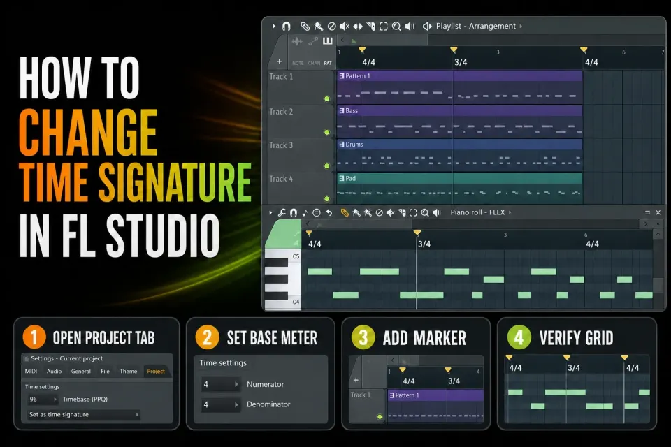 FL Studio Playlist changing from four-four to three-four and back with aligned clips